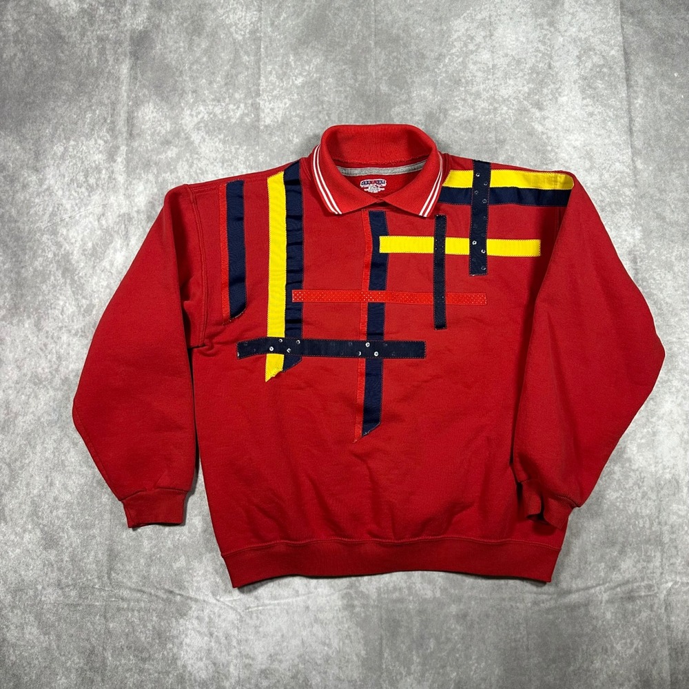 Vtg Jerzees Russell Athletic Mens XL Red‎ Collared Sweatshirt Geometric Retro